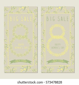 Web banner for Women's Day sale. Mimosa and leaves. They can be used as an invitation to  holidays. Spring vector illustration.