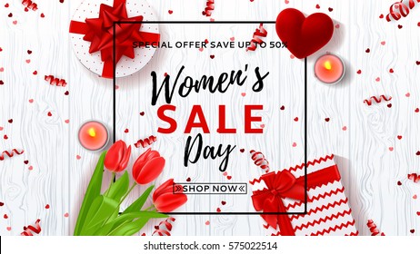 Web banner for Women's Day sale. Top view on composition with red tulips, gift boxes, red case for ring and candles. Vector illustration with serpentine and confetti on wooden texture.