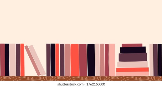 Web banner with wooden bookcase full of different books and empty space for text. Back to school, literacy, library, reading, education, teaching, learning concept. Vector illustration.