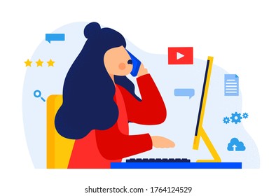 Web banner work at home. Work in Internet background. Modern illustration slider site page. Concept of working in social networks. Vector image of a good worker desing. 