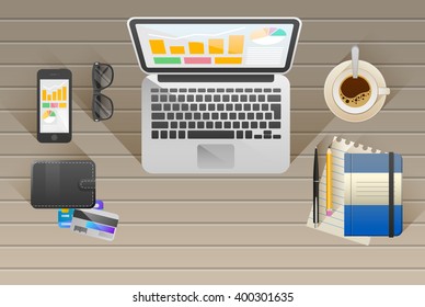 Web banner of Workplace. Office. Work in a team. Business training. Objects on a wooden table. Flat design. vector illustration