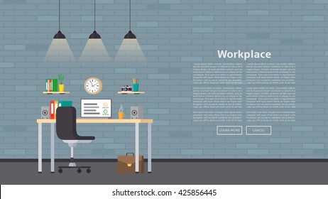 Web banner with workplace and place for text. Vector illustration with business workspace in the office. Web page with office interior in flat style.