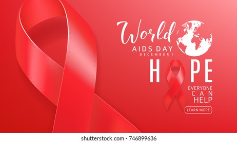 Web Banner for World Aids Day. Red Background with Realistic Satin Ribbon and Lettering. Healthcare Concept Logo. Vector Illustration.