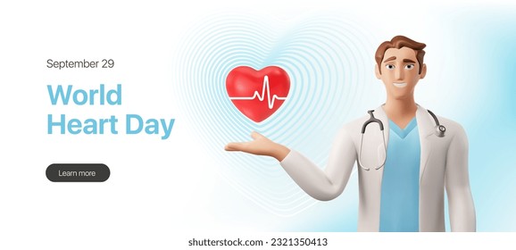 Web banner for World Heart Day. 3d character of a doctor pointing at a heart icon for a landing page. Vector illustration eps10