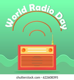 Web banner to the world radio day. Isolated on an abstract background radio receiver icon with an antenna and conditional radio waves. Retro. Vector Illustration. Abstract background.
