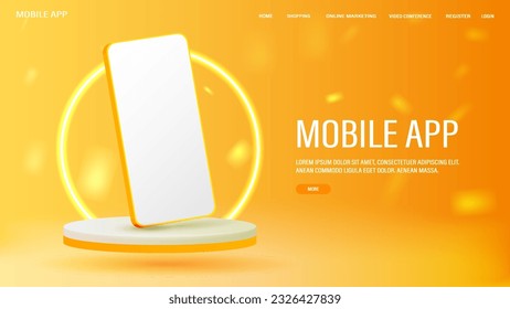 A web banner with a yellow glossy smartphone on a yellow and white podium with a bright neon round arch. Poster for a website with a mobile application and online sales.