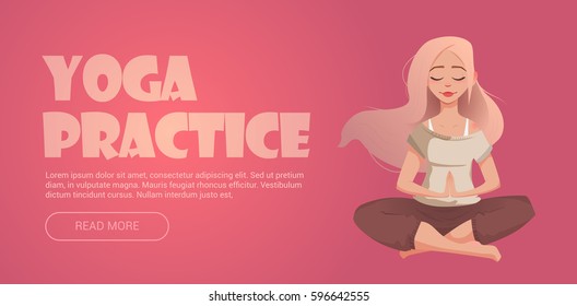 Web banner for yoga with girl in lotus pose. The girl's character is meditating.