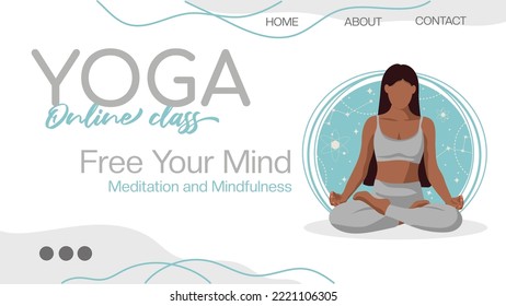 Web banner for a yoga studio website. Yoga online class. Girl doing yoga on a cosmic background. Vector illustration.