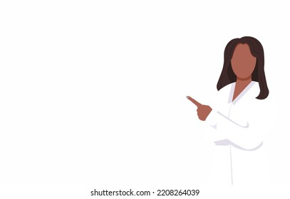 Web banner with a young african female doctor in white uniform. Woman doctor portrait. General practitioner in medical uniform, coat.  Flat vector illustration isolated on white background