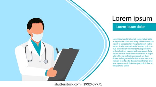 Web banner with a young doctor holding a tablet for writing in mask and uniform with a stethoscope. Vector illustration
