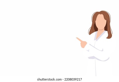 Web banner with a young female doctor in white uniform. Woman doctor portrait. General practitioner in medical uniform, coat. Smiling therapist. Flat vector illustration isolated on white background