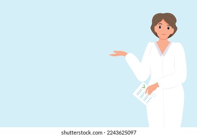 Web banner with a young female doctor in white uniform. Woman doctor portrait. General practitioner in medical uniform, coat. Smiling therapist. Flat vector illustration isolated on white background