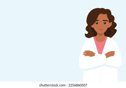 Web banner with a young female doctor in white uniform. Woman doctor portrait. General practitioner in medical uniform, coat. Smiling therapist. Flat vector illustration isolated on white background