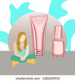 Web banner with young girl and Korean cosmetics in flat style. Vector illustration