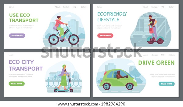 Web banners for advertise\
modern urban electric transport. People riding eco friendly\
alternative transportation. A set of flat cartoon vector\
illustrations.