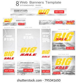 Web banners of Big Sale vector set of standard size on the gray hexagon background with perspective.
