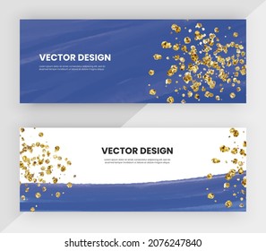 Web banners with blue watercolor and golden glitter texture. Vector design
