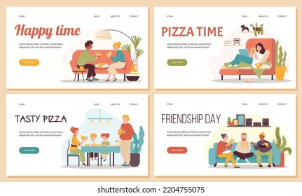 Web banners bundle with people eating pizza with friends and family, cartoon flat vector illustration. Website banners bundle for pizza delivery services.