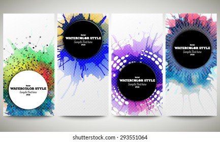 Web banners collection, abstract flyer layouts. Set of colorful flyers with  watercolor stains and place for text, vector illustration templates.