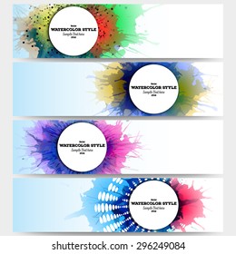 Web banners collection, abstract header layouts. Set of colorful headers with  watercolor stains and place for text, vector illustration templates.