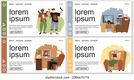 Web banners collection with elderly people using gadgets and electronic devices, flat vector illustration. Web banners kit mastering computer technology by seniors.