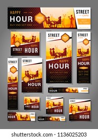 Web Banners collection. Set of happy hour promotion flyer for cafe with silhouettes of people. People are sitting at a table.