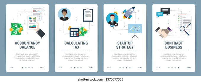 Web banners concept in vector with accountancy balance, calculating tax, startup strategy and contract business. Internet website banner concept with icon set. Flat design vector illustration.