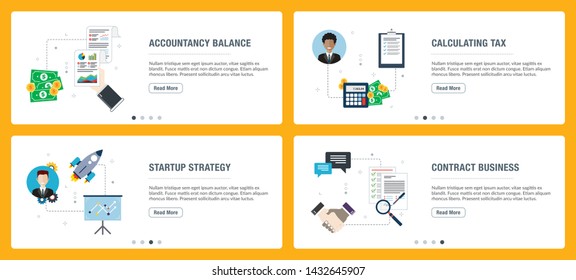 Web banners concept in vector with accountancy balance, calculating tax, startup strategy and contract business. Internet website banner concept with icon set. Flat design vector illustration.