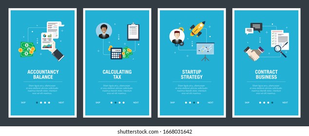 Web banners concept in vector with accountancy balance, calculating tax, startup strategy and contract business. Internet website banner concept with icon set. Flat design vector illustration.