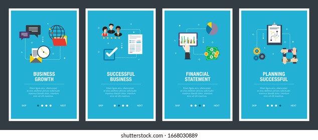 Web banners concept in vector with business growth, successful business, financial statement and planning successful.  Internet website banner concept with icon set. Flat design vector illustration.