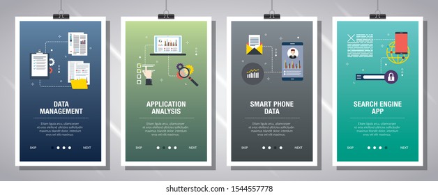 Web banners concept in vector with data management, application analysis, smartphone data and search engine app. Internet website banner concept with icon set. Flat design vector illustration.