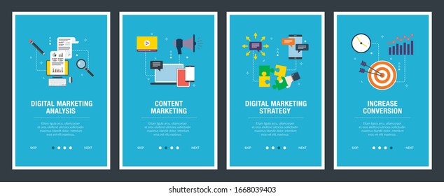Web banners concept in vector with digital marketing analysis, content marketing, strategy and increase conversion. Internet website banner concept with icon set. Flat design vector illustration.