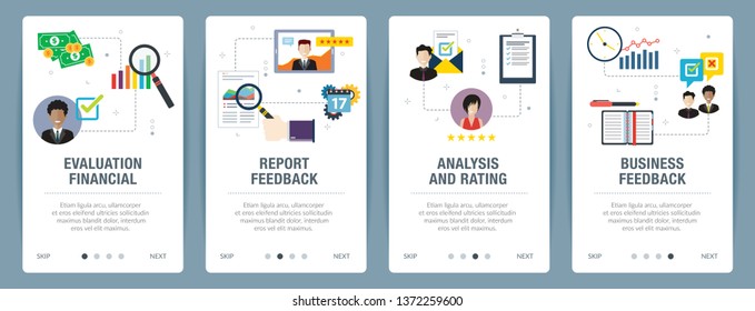 Web banners concept in vector with evaluation financial, report feedback, analysis and rating, business feedback. Internet website banner concept with icon set. Flat design vector illustration.