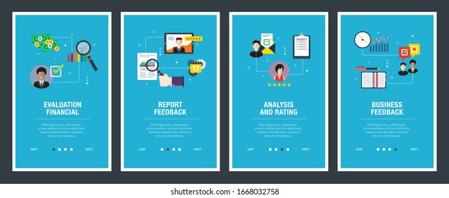 Web banners concept in vector with evaluation financial, report feedback, analysis and rating, business feedback. Internet website banner concept with icon set. Flat design vector illustration.