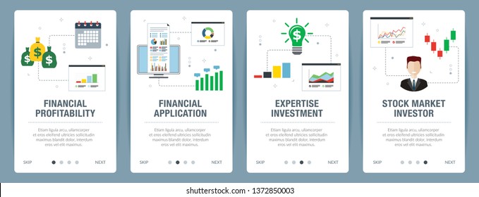 Web banners concept in vector with financial profitability, financial application, expertise investment and stock market investor. Internet website banner concept with icon set. Flat design vector.