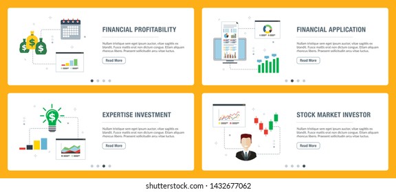 Web banners concept in vector with financial profitability, financial application, expertise investment and stock market investor. Internet website banner concept with icon set. 