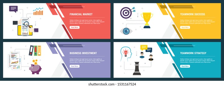 Web banners concept in vector with financial market, teamwork success, business investment and teamwork strategy. Internet website banner concept with icon set. Flat design vector illustration.