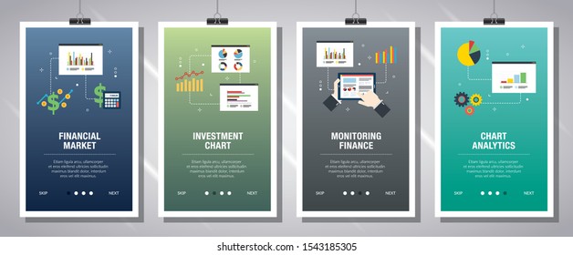 Web banners concept in vector with financial market, investment chart, monitoring finance and chart analytics. Internet website banner concept with icon set. Flat design vector illustration.