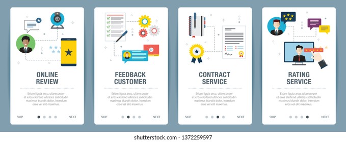 Web banners concept in vector with online review, feedback customer, contract service and rating service. Internet website banner concept with icon set. Flat design vector illustration.