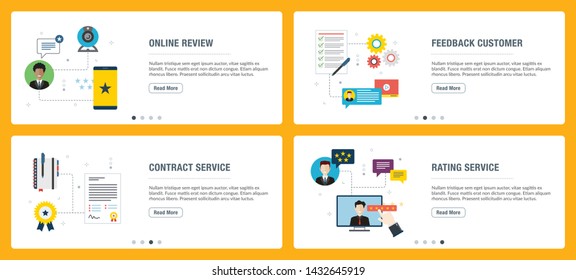 Web banners concept in vector with online review, feedback customer, contract service and rating service. Internet website banner concept with icon set. Flat design vector illustration.