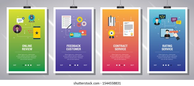 Web banners concept in vector with online review, feedback customer, contract service and rating service. Internet website banner concept with icon set. Flat design vector illustration.