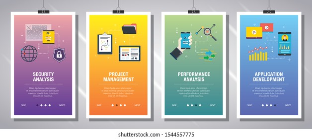 Web banners concept in vector with security analysis, project management, performance analysis and application development. Internet website banner with icon set. Flat design vector illustration.