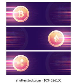 Banners web con criptomonedas sobre fondo morado iluminante. 