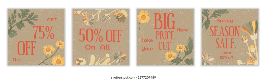Web Banners with dark beige backgrounds and fully colored leaves and flowers. Plant parts of the Feverfew and Calendula sprayed with a snow-like texture. Square banners for summer Ad campaigns.
