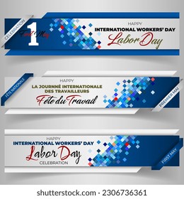 Banderas web, antecedentes de diseño con textos de escritura a mano para la celebración del Día Internacional del Trabajador el 1ro de mayo. 