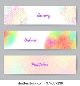 Web banners. Design for health club, beauty salon, spa boutique, yoga classes. Cards for birthday, wedding. Lace floral mandala. 