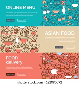 Web banners design template with line icons symbols of chinese, japanese, asian cuisine, cafe, food delivery. Clean, minimalistic concept. Trendy line style vector illustration. Ideal business layout.