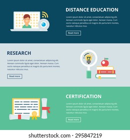 Web banners: distance education, research, certification. Vector illustration, flat style