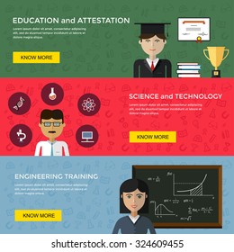 Web banners for education and science projects in flat vector design. Teachers, lecturers, icons, chalk board