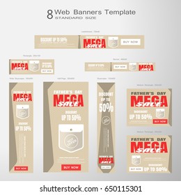 Web banners of Father's Day Mega Sale vector set of standard size on the gradient gray background.